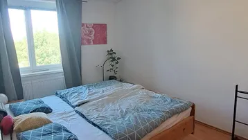 Helles Schlafzimmer mit Doppelbett, Holzboden und Fenster mit Blick ins Grüne.