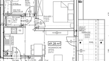 Grundriss einer Wohnung mit offener Wohnküche, Schlafzimmer, Bad, separatem WC und großer Terrasse.