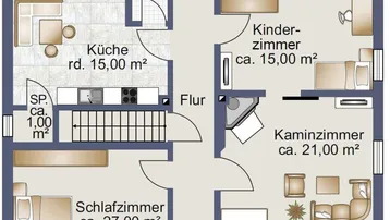 Grundriss des Erdgeschosses mit Küche, Schlafzimmer, Kinderzimmer und Kaminzimmer.