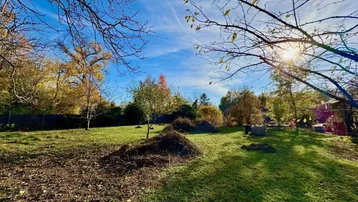 Großer Garten mit Rasenfläche und Bäumen unter blauem Himmel, ideal für die Gestaltung.