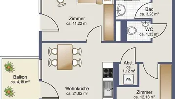 Grundriss der Wohnung Top 5 mit zwei Balkonen, offener Wohnküche und zwei Schlafzimmern.