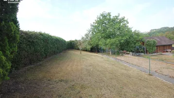 Langer Gartenbereich mit gepflegter Hecke und einigen Bäumen im Hintergrund.