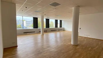 Geräumiger, leerer Büroraum mit großen Fenstern, Holzboden und abgehängter Decke, ideal für flexible Gestaltung.