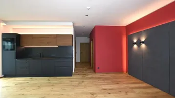 Moderne offene Küche mit dunklen Fronten und angrenzendem Wohnbereich mit roter Akzentwand und Holzboden.