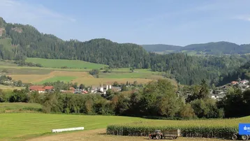 Weitläufige Landschaft mit grünen Feldern, bewaldeten Hügeln und einem kleinen Dorf im Tal.