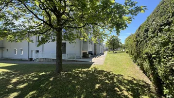 Außenansicht eines modernen Gebäudes mit gepflegter Grünfläche, Bäumen und einer hohen Hecke unter blauem Himmel.