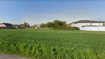 Weitläufiges grünes Feld mit vereinzelten Wohnhäusern im Hintergrund unter klarem Himmel.