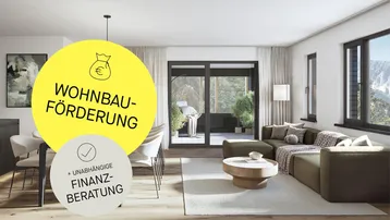Heller, offener Wohn-Essbereich mit Holzboden, modernem Sofa und Zugang zu einem Balkon mit Bergblick.