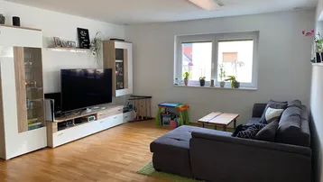 Helles Wohnzimmer mit modernem Mediamöbel, Sofa und Holzboden, ideal für entspannte Abende.