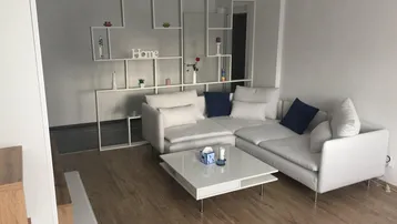 Helles Wohnzimmer mit modernem Sofa, Couchtisch und dekorativem Regal als Raumteiler.