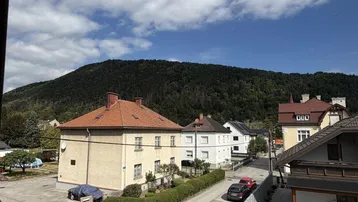 Weitblick von der Wohnung im ersten Stock über die Straße, Häuser und bewaldete Berge.