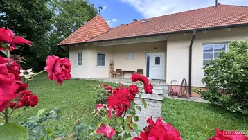 Vorderansicht des Hauses mit gepflegtem Vorgarten und blühenden Rosen unter blauem Himmel.