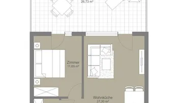 Grundriss einer modernen Wohnung mit großer Terrasse, offener Wohnküche, Schlafzimmer und Bad/WC.