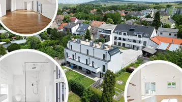 Luftaufnahme eines modernen Wohnkomplexes mit Einblicken in helle Innenräume und ein modernes Bad.