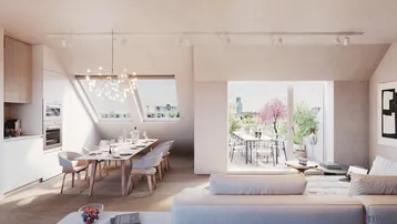 Helles, offenes Wohn-Esszimmer mit integrierter Küche, Dachschrägen und Zugang zu einer großen Terrasse.