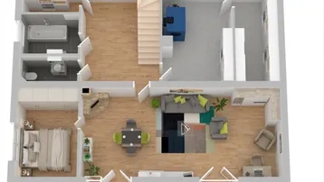 3D-Grundriss des Terrassengeschosses mit Schlafzimmer, Wohnbereich und Terrassenzugang.