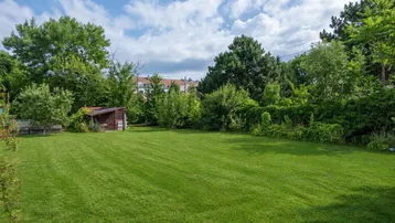Großer, gepflegter Garten mit Rasenfläche und einem kleinen Geräteschuppen, umgeben von Bäumen und Sträuchern.