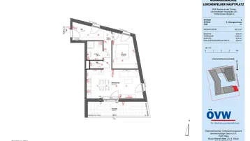 Detaillierter Grundriss einer 56 m² Wohnung mit offener Wohnküche, Schlafzimmer und großer Terrasse.