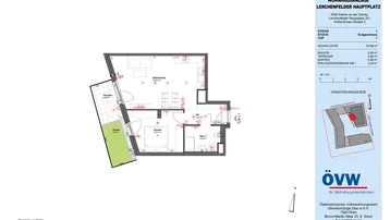 Grundriss einer Erdgeschosswohnung mit offenem Wohnbereich, Schlafzimmer, Bad und separatem WC, sowie Terrasse und Garten.