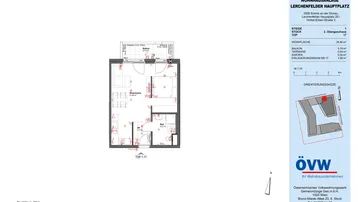 Grundriss einer Wohnung mit offenem Wohnbereich, Schlafzimmer, Bad und separatem WC sowie Balkon.
