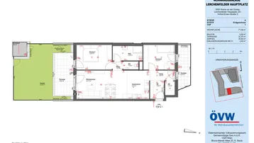 Grundriss zeigt eine Wohnung mit zwei Schlafzimmern, offenem Wohnbereich, Bad, separatem WC, Garten und Terrasse.