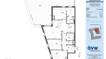 Grundriss einer modernen Wohnung mit drei Zimmern, offenem Wohnbereich und großer Terrasse.