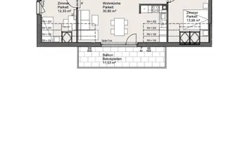Grundriss einer Wohnung mit offenem Wohn-Essbereich, zwei Schlafzimmern, Bad, separatem WC und Balkon.