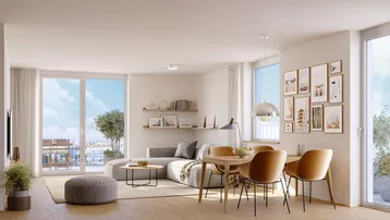 Heller offener Wohn-Essbereich mit modernem Design, Holzboden und Zugang zum Balkon.