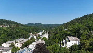 Weitläufige Luftaufnahme einer grünen Hügellandschaft mit verstreuten Häusern unter klarem blauem Himmel.