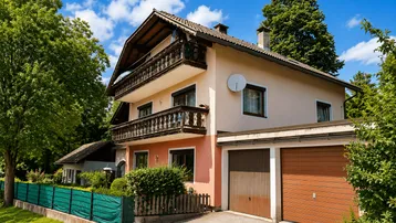 Traditionelles Haus mit mehreren Balkonen und integrierter Doppelgarage, umgeben von Bäumen.