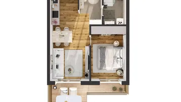 Detaillierter Grundriss einer Wohnung mit offenem Wohnbereich, Schlafzimmer, Bad und Balkon.