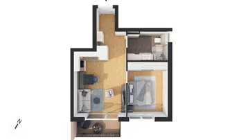 Detaillierter Grundriss einer Wohnung mit offenem Wohnbereich, Schlafzimmer und Balkon.