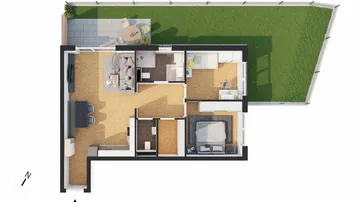 Grundriss einer Wohnung mit offenem Wohnbereich, zwei Schlafzimmern, Terrasse und Garten.