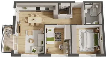 Moderner 3D-Grundriss einer Wohnung mit offenem Wohnbereich, zwei Schlafzimmern und Balkon.