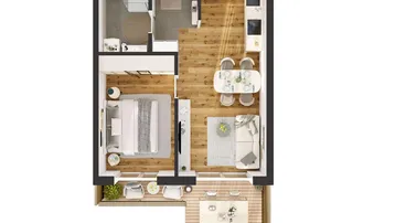 Grundriss einer modernen Wohnung mit offenem Wohnbereich, Schlafzimmer, Bad und großer Terrasse.
