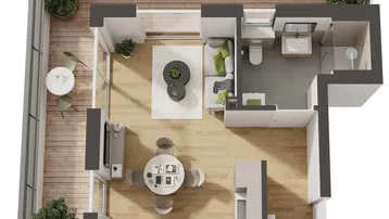 Moderner 3D-Grundriss einer Wohnung mit offenem Wohnbereich, Balkon und einem Badezimmer.