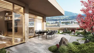 Großzügige Terrasse mit Essbereich, japanischem Gartenstil und weitem Blick auf die Stadt und Berge.