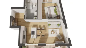 Detaillierter Grundriss einer modernen Wohnung mit offenem Wohnbereich, Schlafzimmer und großem Balkon.