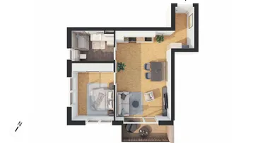 Übersichtlicher Grundriss einer Wohnung mit offenem Wohnbereich, Schlafzimmer und Bad.