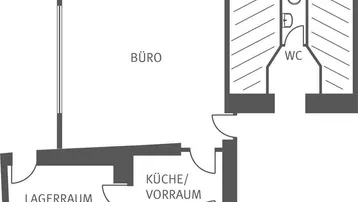 Grundriss einer Gewerbeeinheit mit Büro, WC, Lagerraum und einer kleinen Küche/Vorratsraum.