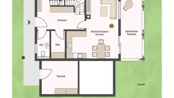 Grundriss des Erdgeschosses mit offenem Wohn-/Ess-/Kochbereich und überdachter Terrasse.