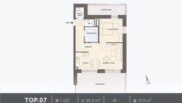Grundriss einer Wohnung mit offenem Wohn-Essbereich, separatem Schlafzimmer, Badezimmer und zwei Balkonen.