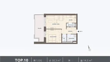Grundriss einer Wohnung mit offenem Wohn-Essbereich, separater Küche, Schlafzimmer, Bad, WC und Balkon.