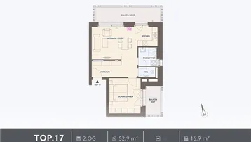 Grundriss einer Wohnung mit offenem Wohn-Essbereich, separater Küche, Schlafzimmer und zwei Balkonen.