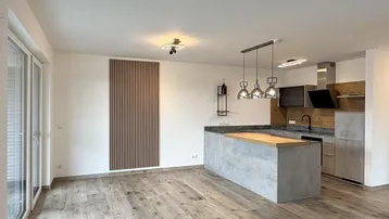 Moderner offener Wohnbereich mit integrierter Küche, Holzboden und dekorativer Wandverkleidung.