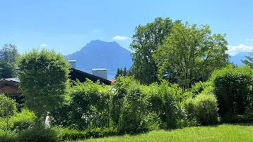 Panoramablick auf die Berge und grüne Landschaft von einem sonnigen Balkon.