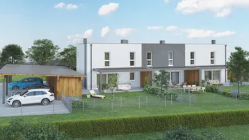 Moderne Reihenhäuser mit großzügigen Gärten, Terrassen und Carports in einer grünen Umgebung.