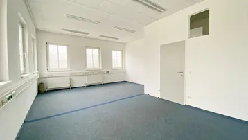 Geräumiges, leeres Büro mit Teppichboden, vielen Fenstern und abgehängter Decke, bereit zur Nutzung.