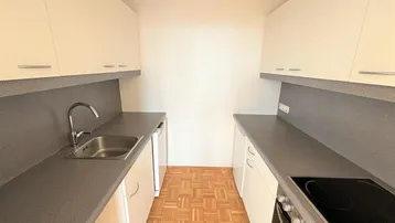 Schmale Küche mit weißen Schränken, grauen Arbeitsplatten und integrierten Geräten.