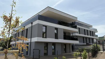 Modernes Mehrfamilienhaus mit grauer Fassade, großen Fenstern und Balkonen in einer grünen Umgebung.